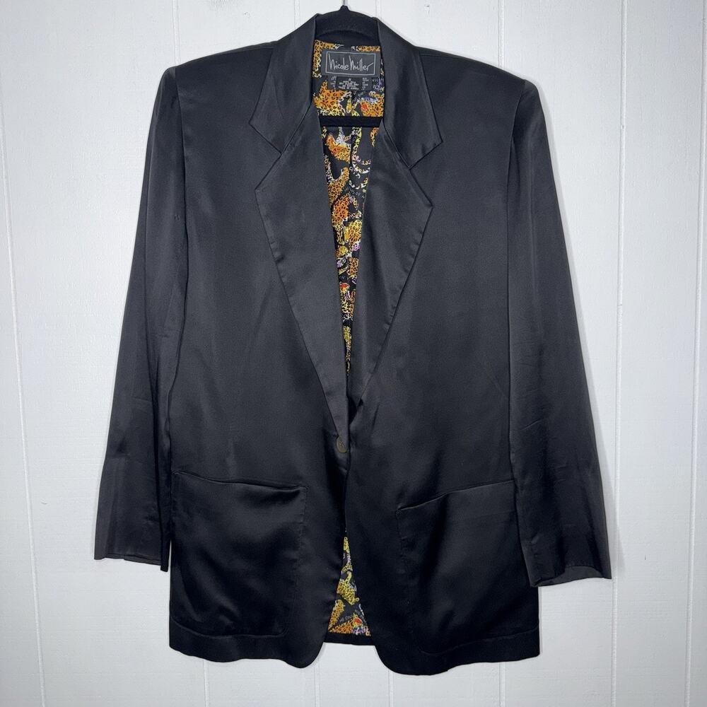 Nicole Miller Vintage 90s 100% Silk Satin Blazer With Rare Leopard Lining Size S - Picture 1 of 6